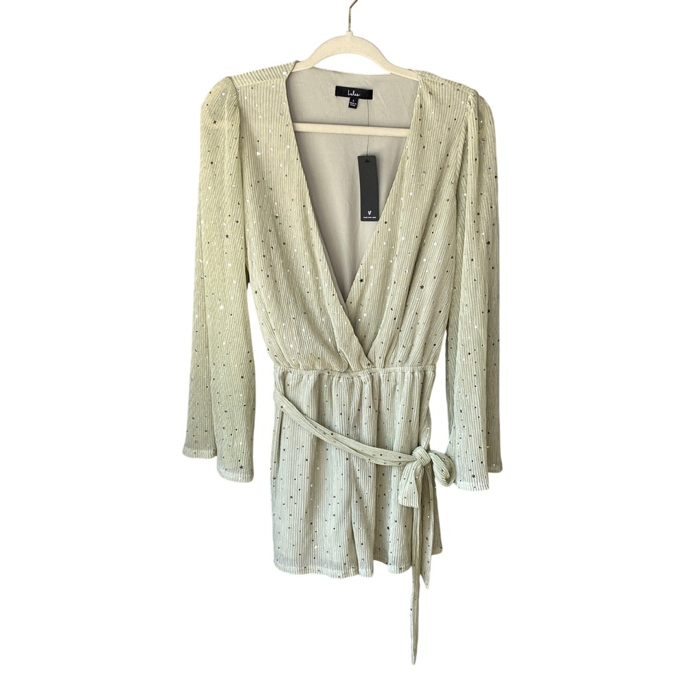Lulus Celestial Star Moon Metallic Pleated Romper Champagne V-Neck Large NEW